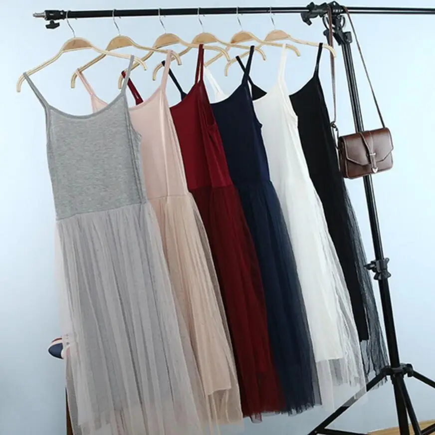 Wiosna i lato nowy seksowny pasek Spaghetti patchworkowa sukienka siateczkowa damska gaza koronkowy Tank sukienki na co dzień Sundress Party Vestidos