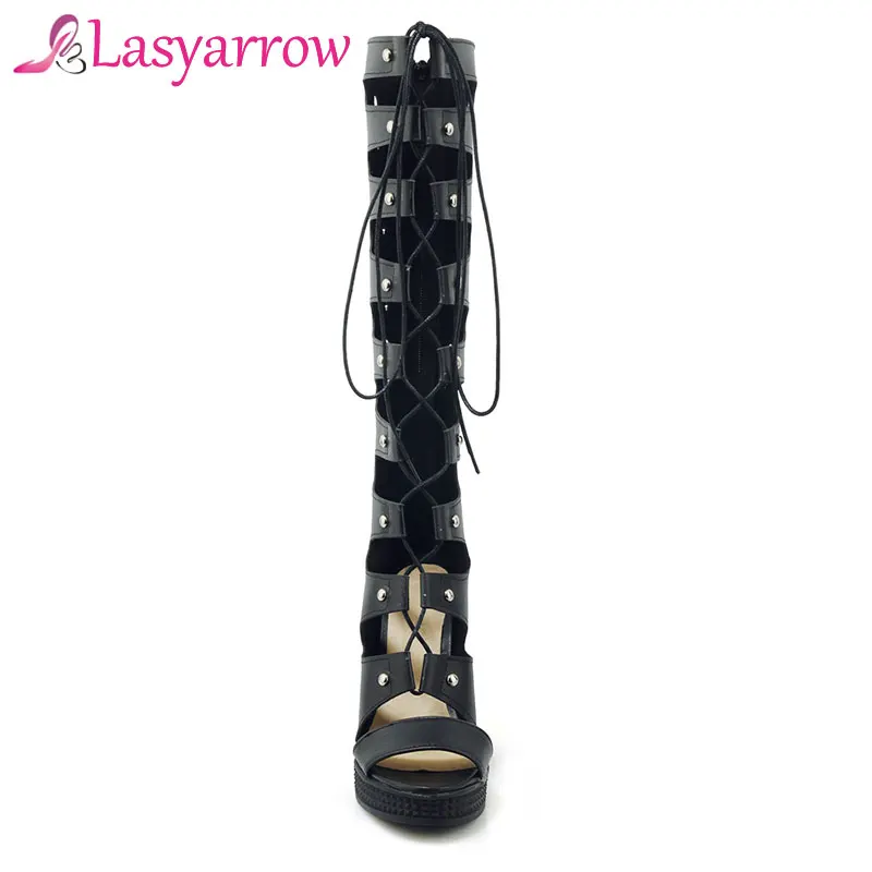 Lasyarrow Sandalias Mujer 2018 Summer Sandals Zapatos Femme Thick High Heels Shoes Woman Peep toe Lacing Knee Boots Zipper RM563