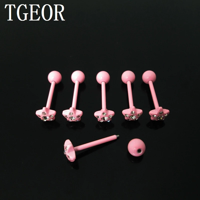 جديد 1 زوج 1.6*16*6/7 مللي متر نجمة جوهرة 6 بلورات اللسان الحديد الفولاذ المقاوم للصدأ مختلطة النيون ألوان ثقب اللسان خاتم شحن مجاني