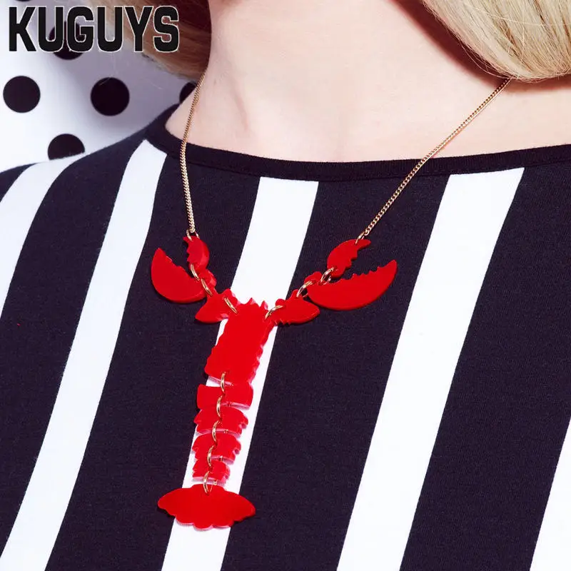 KUGUYS Red Lobster Big Pendant Necklace for Women Men Black Link Chain HipHop Rock Punk Funny Fashion Acrylic Long Jewelry