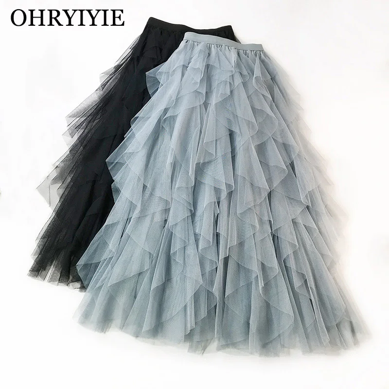 OHRYIYIE New Arrival Ruffles Tiered Tulle Skirts Women Spring Summer Long High Waist Tutu Skirt Female Jupe Longue Femme WS246