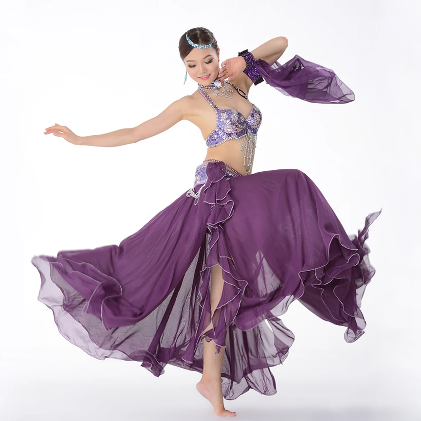 12 Colors Stage Performance Oriental Belly Dancing Clothes 3-piece Suit Bead Bra, Belt & Skirt Belly Dance Costume Set