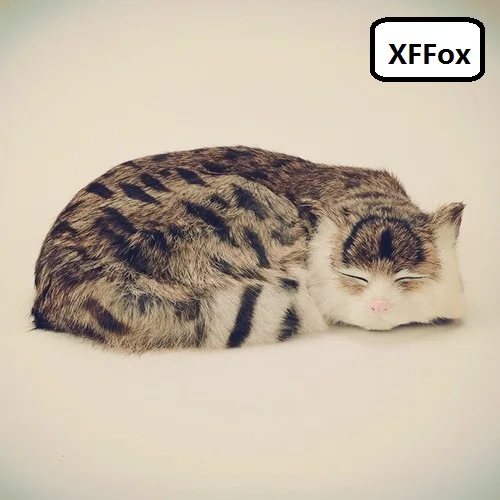 new real life khaki stripe prone cat model plastic&furs cute sleeping cat doll gift about 27x21x10cm xf1418