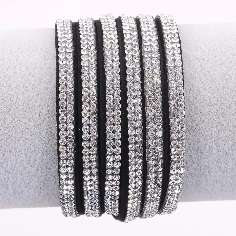 Double wrap suede leather 3 rows single color crystal bracelet double wrapped rhinestones bracelets