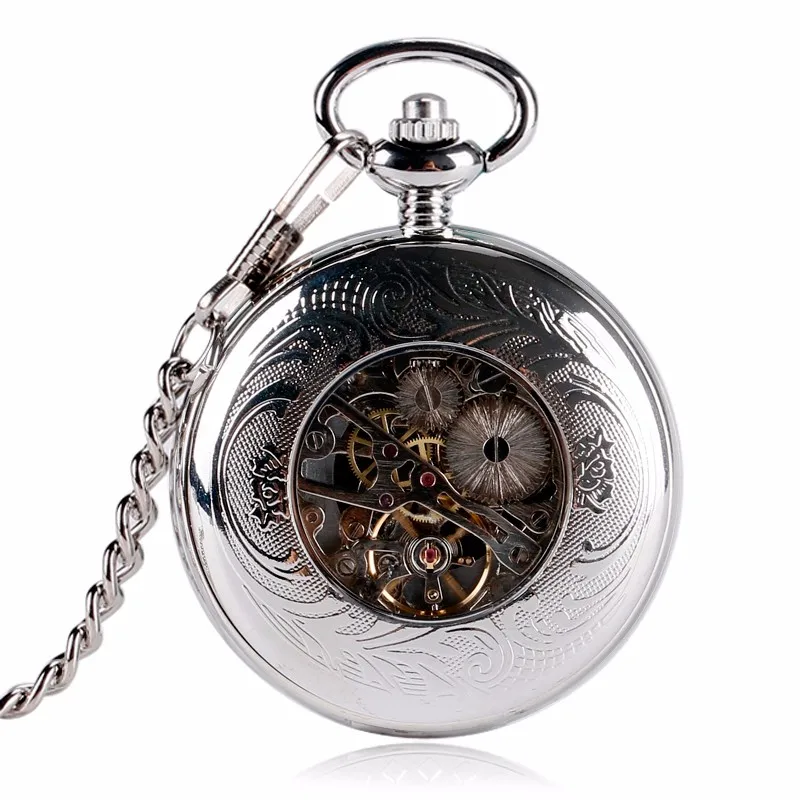 Luxury Silver Shield Pattern Round Dial Mechanical Pocket Watch Casual Antique Fob Watch For Men Women montre de poche mécanique