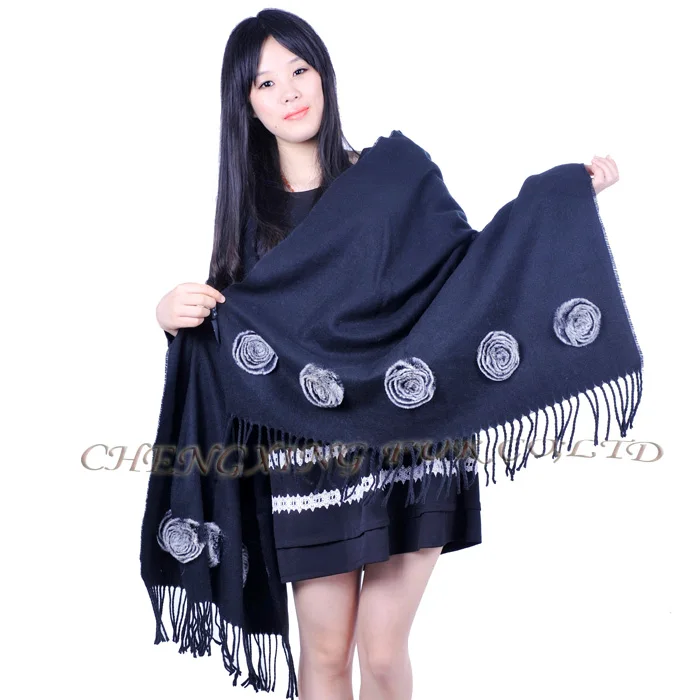 FREE SHIPPING CX-B-P-12 Genuine Rex Rabbit Fur Floral Decorated Women Pashmina