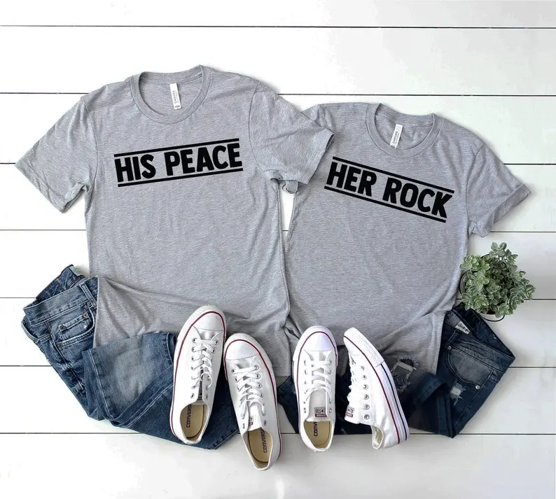 Skuggnas New Arrival Her Rock His Peace Fashion Couple's T-shirt Honeymoon shirts  Anniversary Gift Short Sleeve Couple's Tees