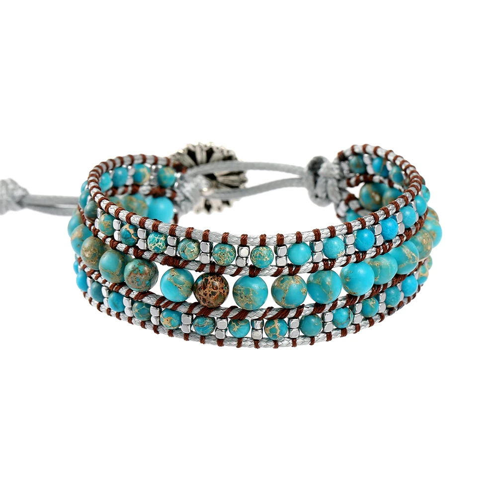 Women and Men Handmade 3 Row Wide Wrap Around Blue Turquoise Adjustable Bracelet Jewelry