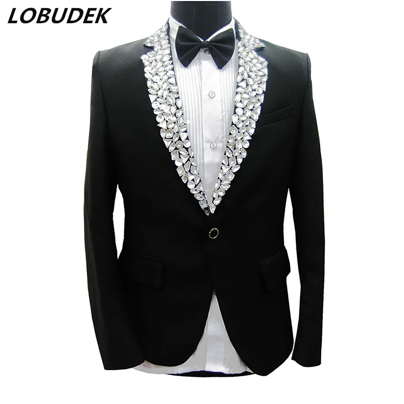 Black Crystals Men's jacket Formal Groom Wedding Dress Prom Host Performance Outfit Rhinestones Blazers Stage Costume