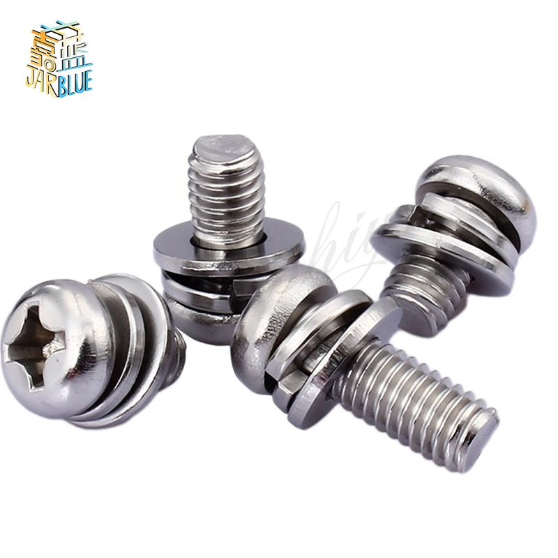 (50 pc/lot) metric thread M2,M2.5,M3,M4 stainless steel Phillips Pan Head Three Combination Screw Three sem screws with washer