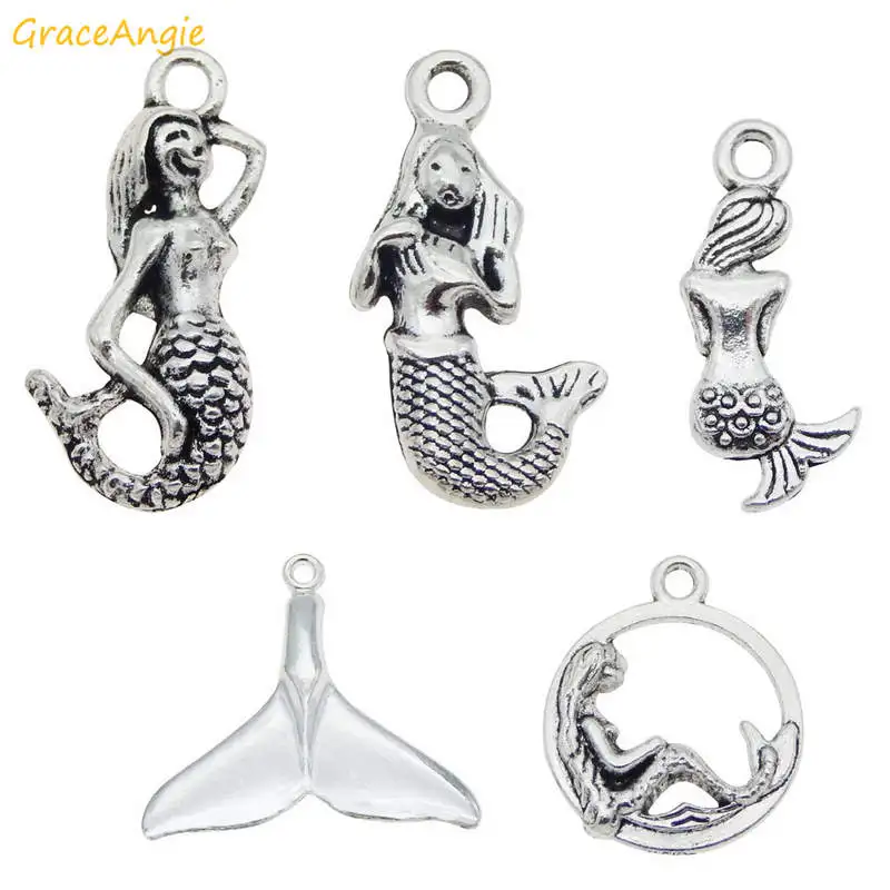 GraceAngie 10-20pcs/lot Zinc Alloy Mixed Mermaid Charms Jewelry Necklace Key Chain Bracelet DIY Accessory Finding