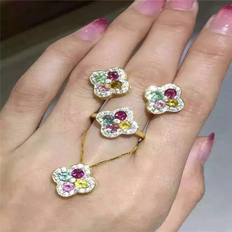 

KJJEAXCMY boutique jewelNatural Tourmaline Earrings + Ring + Pendant Set inlaid rose gold jewelry wholesale S925 Sterling Silver