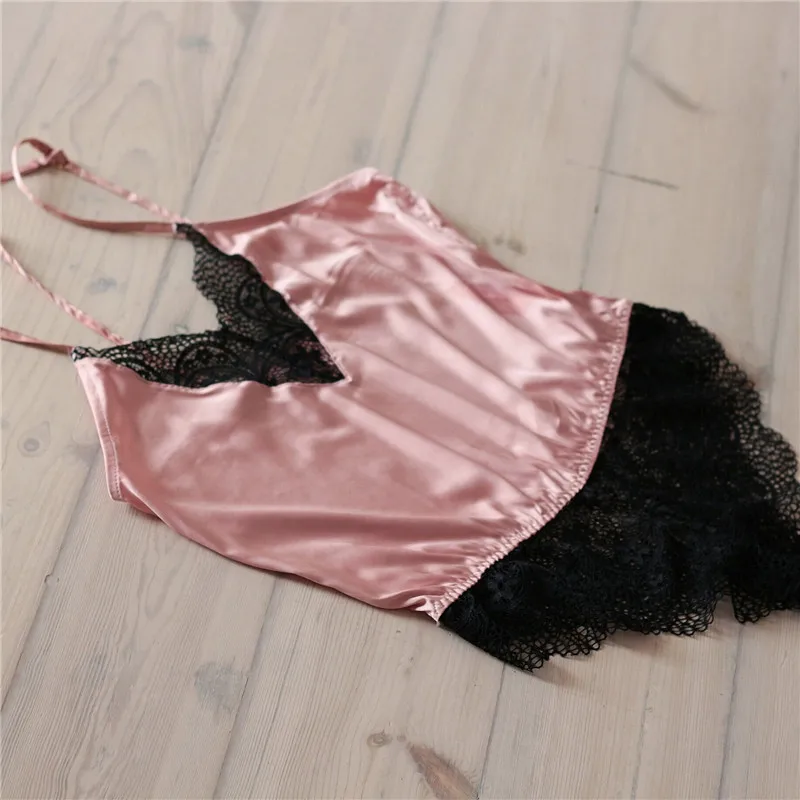 Satin Sleepwear Lace Trim Nightwear Backless Lingerie Soft Camisole Lounge Romper Elegant Bodysuits Holiday Mujer Nightie