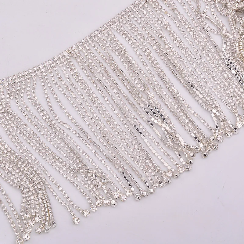 JUNAO 45cm Sewing Crystal AB Rhinestones Fringe Chain Glass Stones Tassel Metal Trim Crystal Applique Strass Tape for Dress DIY