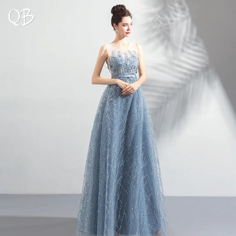 Blue A-line Sequins Tulle Lace Crystal Shiny Long Elegant Evening Dresses Bride Banquet Party Prom Dress XK72