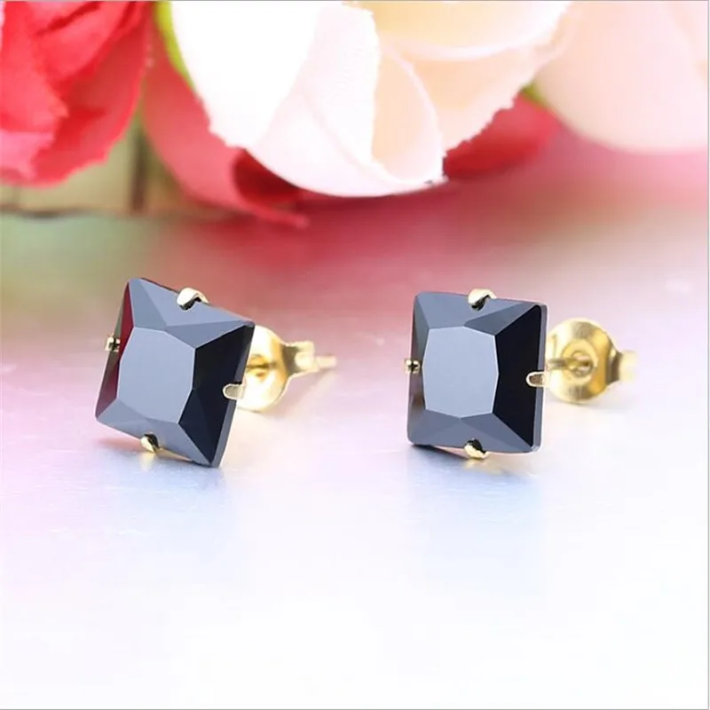 Size From 3mm To 8mm 316 L Stainless Steel With Square Black Zircons Stud Earrings For Men And Women
