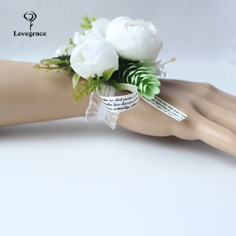 Lovegrace Buatan Tangan Mawar Putih Elastis Pergelangan Tangan Korsase Gelang Bunga Lapel untuk Saudara Pengiring Pengantin Pernikahan Aksesoris Perlengkapan