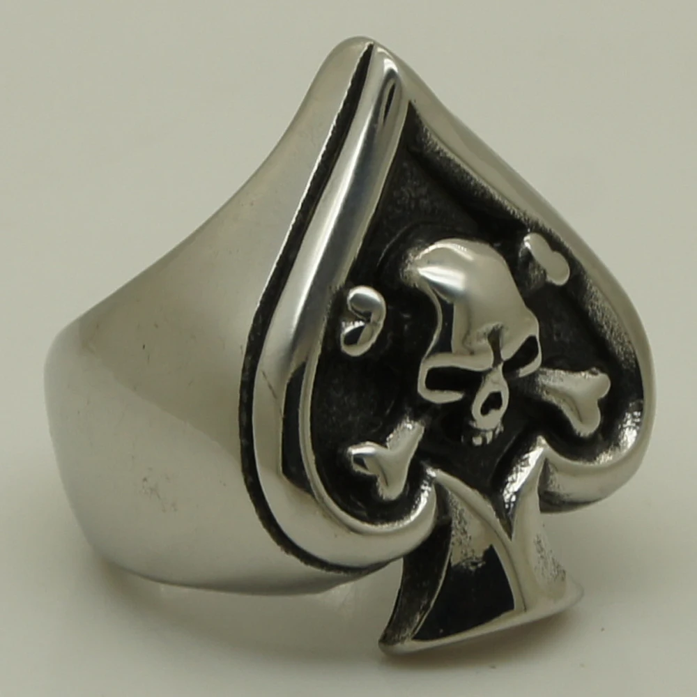 cross bone skull on poker spade ace biker heavy 316L stainless steel ring