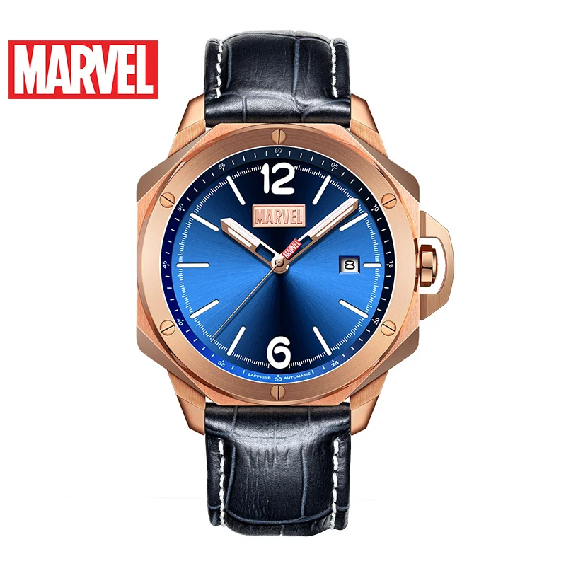 

OFFICIAL Marvel Men Automatic Waterproof Leather Watch Man Luminous Calendar Stainless Steel Sapphire Crystal Hero Watch