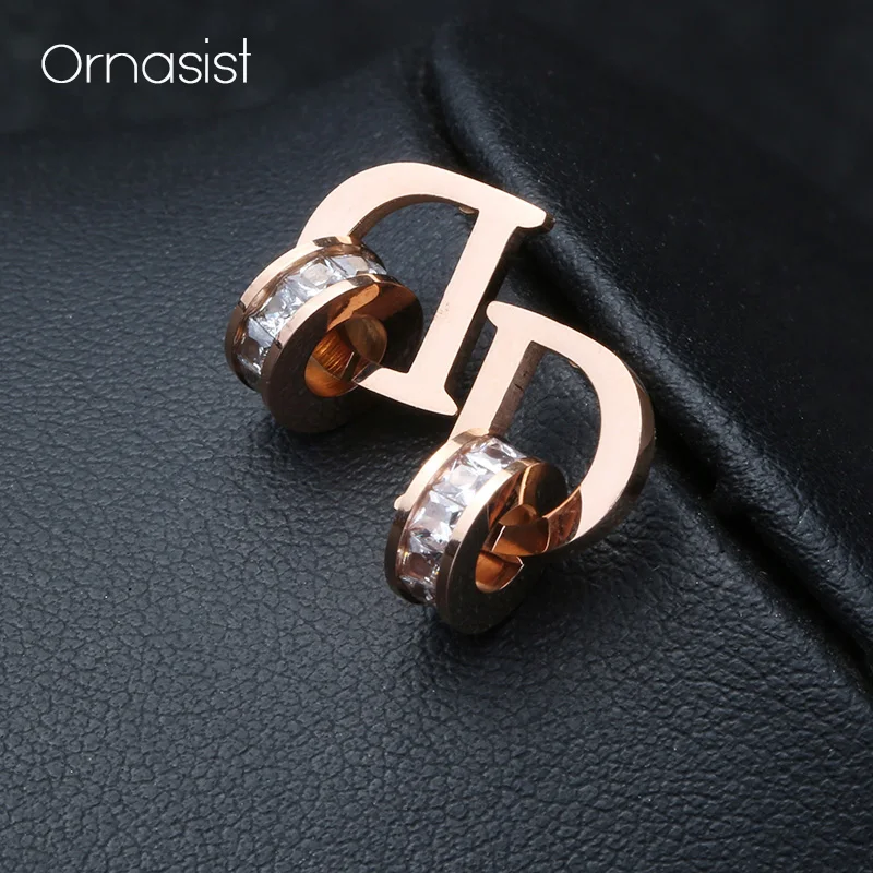 Personality Shiny Crystal Titanium Steel Earring Luxury D Letter Sexy Party Unusual Earrings Fashion Jewelry