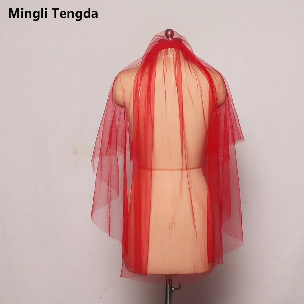 Mingli Tengda Fingertip Veil Two Layers Red Wedding Veil with Comb Short Bridal Veil Cover Face PinkWedding Veil Veu Accessories