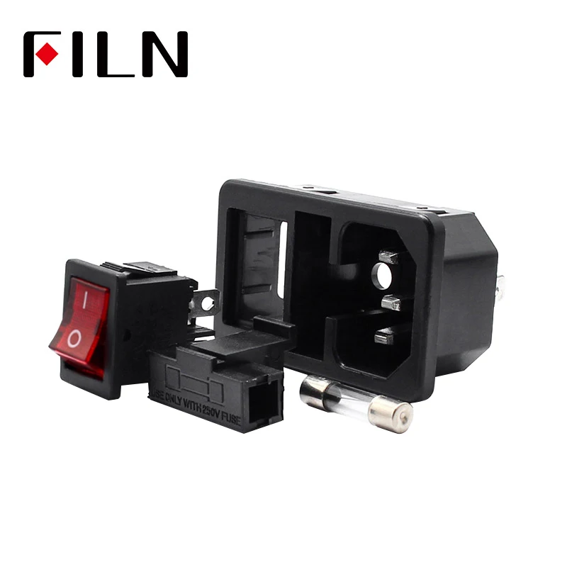 10A 250VAC 3 Pin iec320 C14 inlet connector plug power socket with red lamp rocker switch 10A fuse holder socket male connector