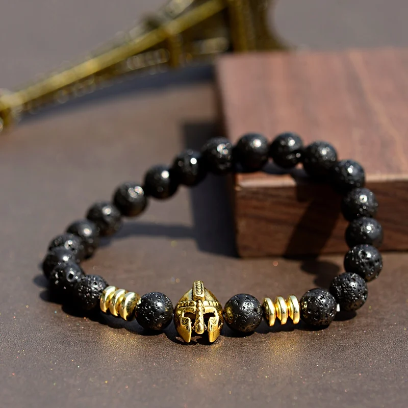 Luxury Crown Spartan Warrior Gladiator Helmet Bracelet Homme Men Classic Natural Stone Beaded Bracelet Jewelry Pulseira Hombres view 3
