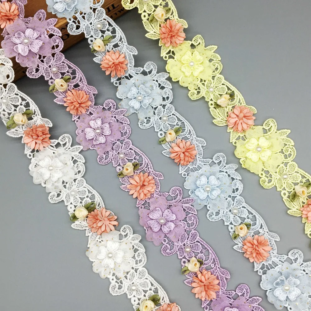 

1 Yard Soluble Polyester Pearl Rose Heart Flower Embroidered Lace Trim Ribbon Fabric Handmade Garment Wedding Dress Sewing Craft