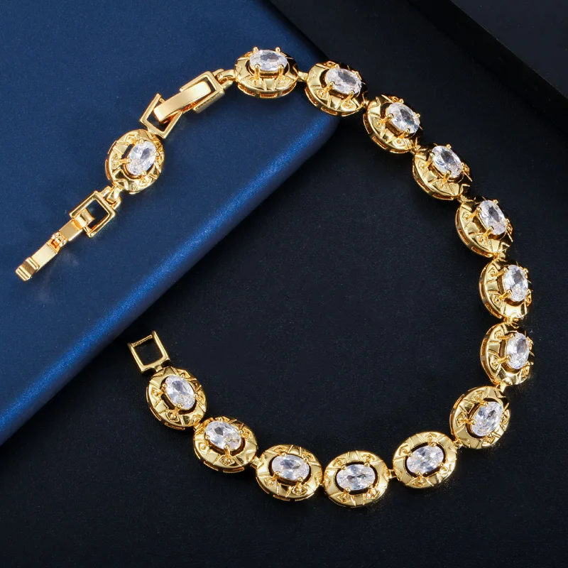 CWWZircons Elegant Dubai Yellow Gold Color Oval Cubic Zirconia Tennis Bracelet for Women Wedding Party Jewelry Accessories CB196