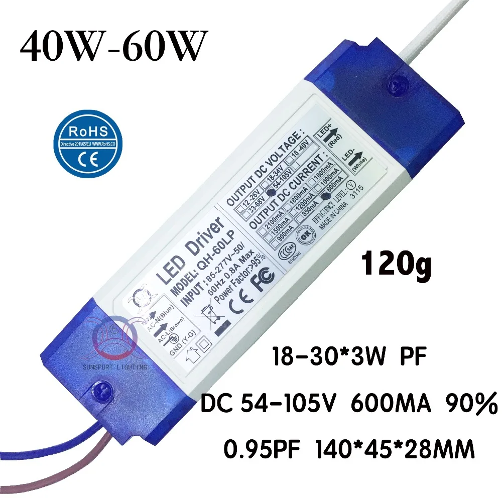 

2 Pieces Isolation 40W-60W AC85-277V LED Driver 18-30x3W 600mA DC54-105V High PFC LED Power Supply For Floodlight Free Shipping