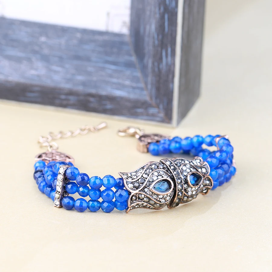 Kinel Luxury Blue Natural Stone Bracelets For Women Antique Gold Color Hollow Crystal Flower Bracelets Vintage Jewelry Wholesale