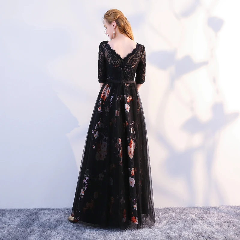 DONGCMY LONG FORMAL EVENING DRESSES BLACK COLOR FLOWER WOMEN PARTY ELEGANT PLUS SIZE FLOOR-LENGTH VESTIDOS ROBE GOWN