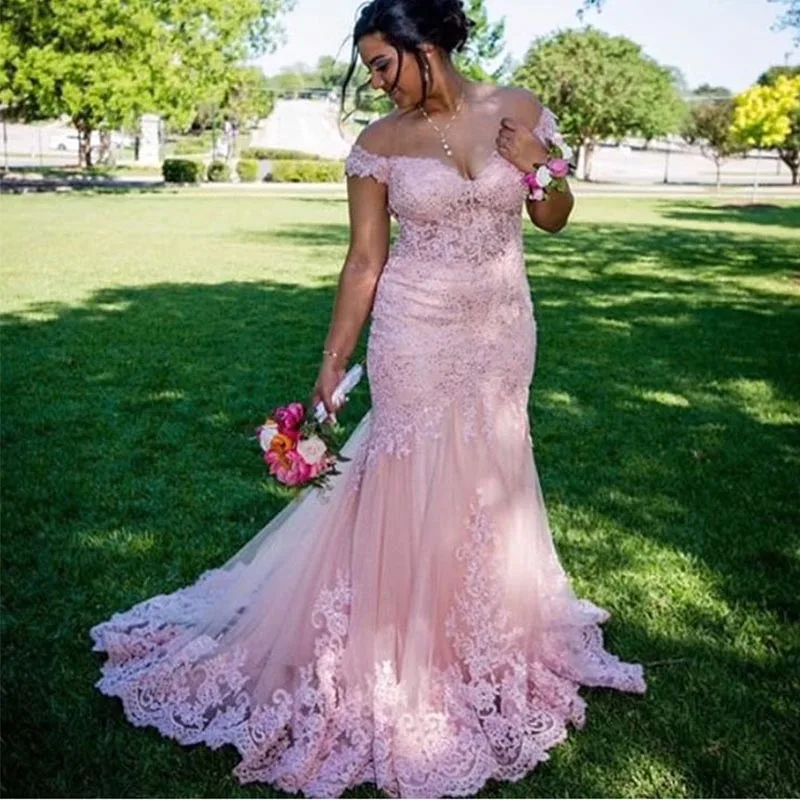 Plus Size Off Shoulder Pink Evening Dress Boat Neck Appliques Beading New Women Formal Evening Party Gowns Sweep Train