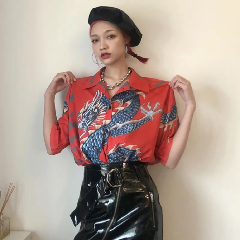 2018 Summer Women Tops Harajuku Blouse Women Dragon Print Short Sleeve Blouses Shirts Female Streetwear kz022