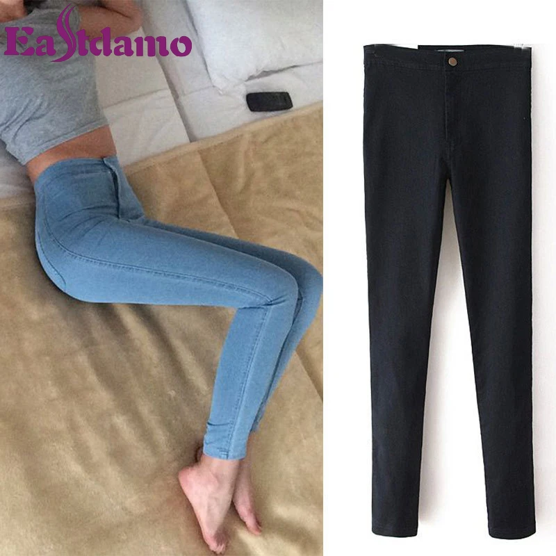 Eastdamo-Jean slim taille haute pour femme, pantalon crayon en denim bleu, grande taille