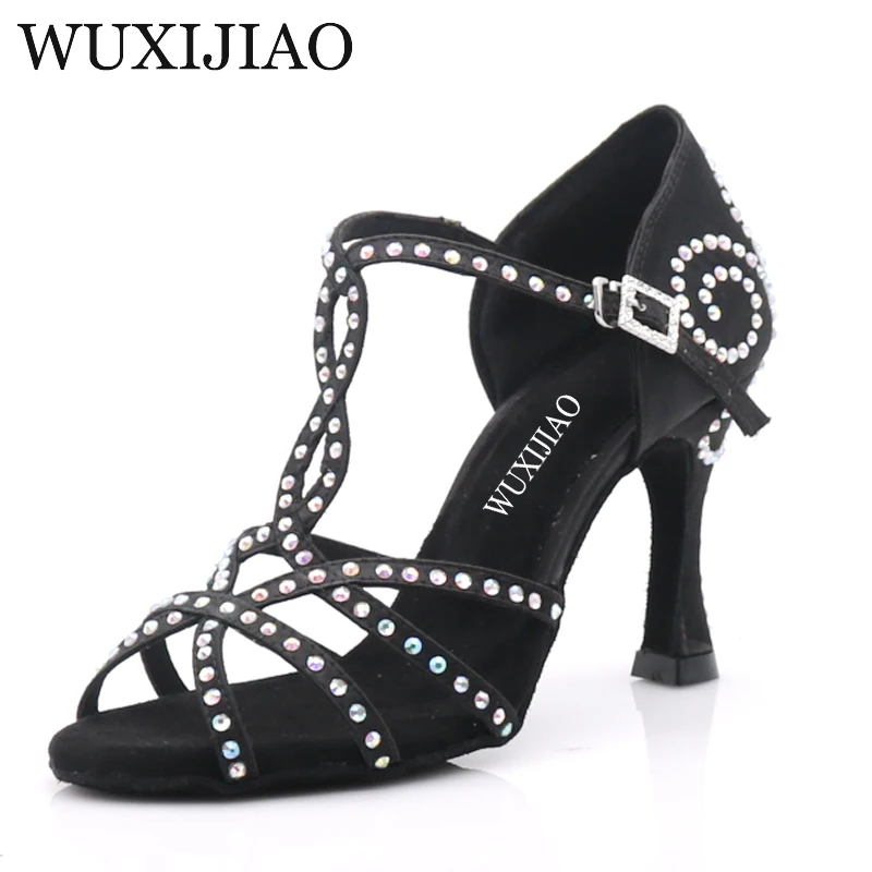 

WUXIJIAO New black satin Latin dance shoes For Woman Ballroom Dancing Shoes Salsa Performance Dance Shoes heel 5cm-10cm