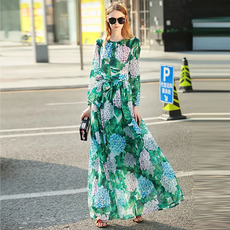 

High Quality Runway Summer New Women'S Long Sleeved Maxi Bohemian Beach Sunscreen Holiday Holiday Printed Chiffon Long Dress