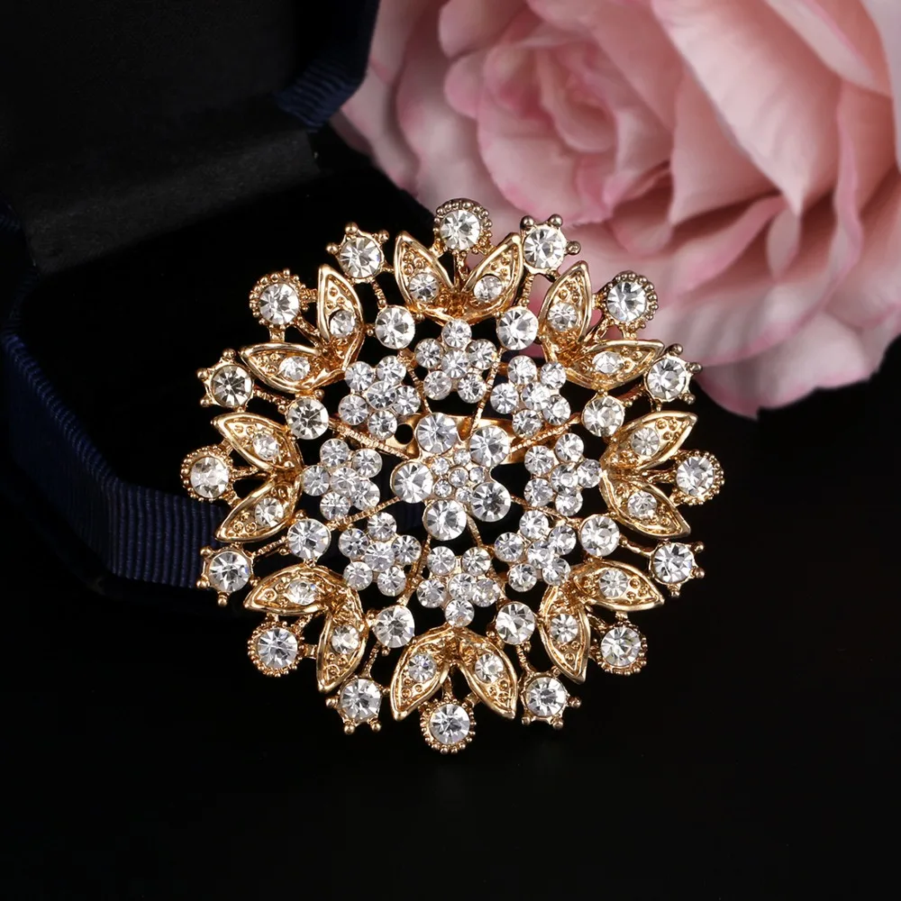 Baiduqiandu Clear Crystal Rhinestones Large Round Flower Brooches Wedding Bouquets Decor Jewelry