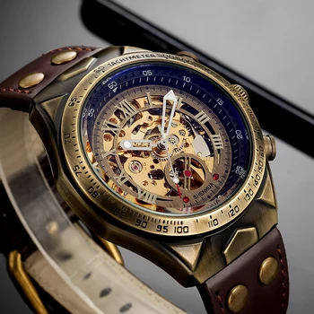 Men&#x27;s Retro Bronze Automatic Watches Hollow Carved Skeleton Luxury Relogio Stainless Steel Mechanical Wristwatches Dropshipping