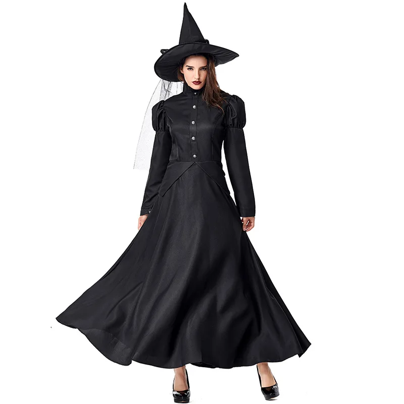 Disfraz de mago de Halloween para niños y adultos, traje de bruja malvada de lujo, vestido negro de longitud completa