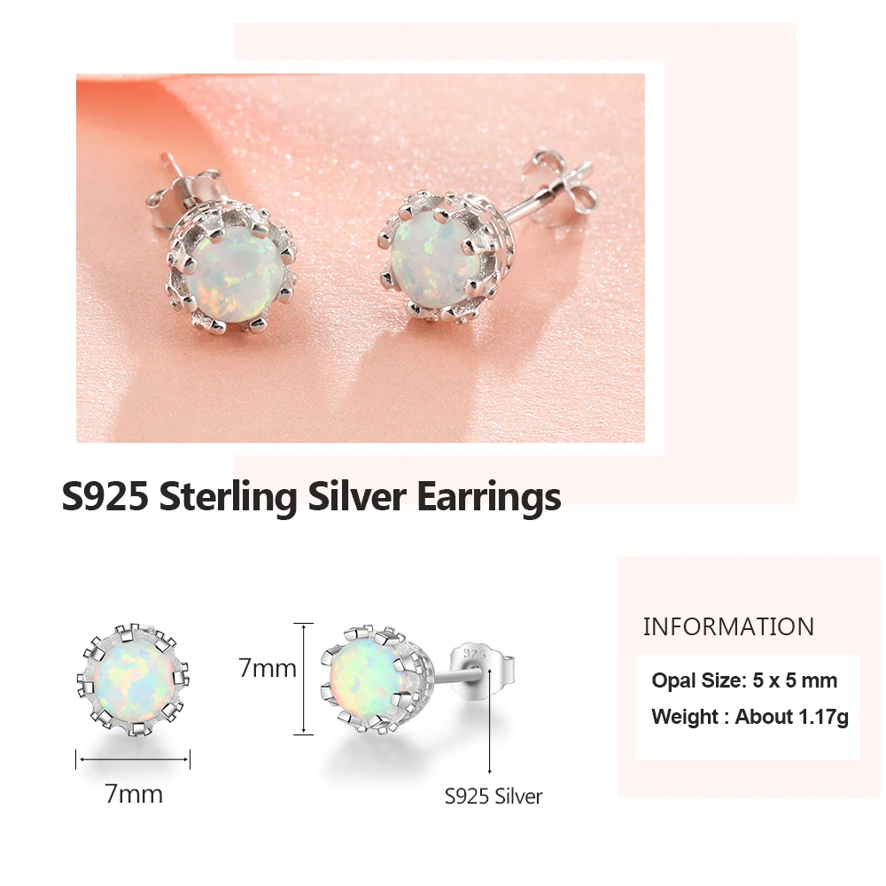 925 Sterling Silver Flower Stud Earrings Round Created Blue Pink White Opal Earrings for Women Party Fine Jewelry (Lam Hub Fong)