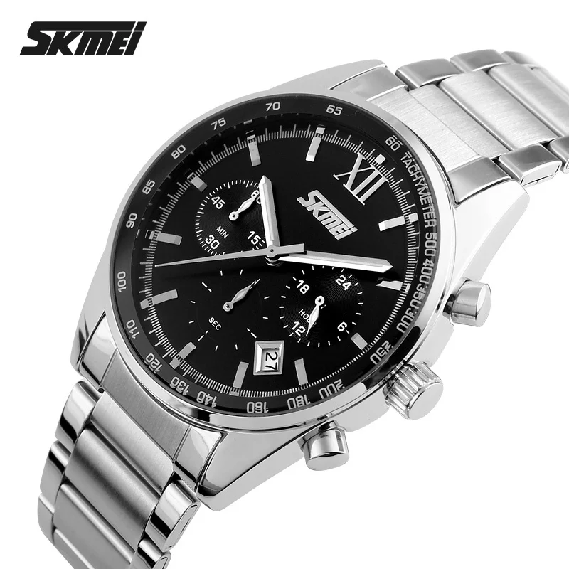 SKMEI Watches for Men Luxury Top Brand Quartz Watch Full Stainless Steel Analog Display Fashion Calendar Chronograph Wristwatch