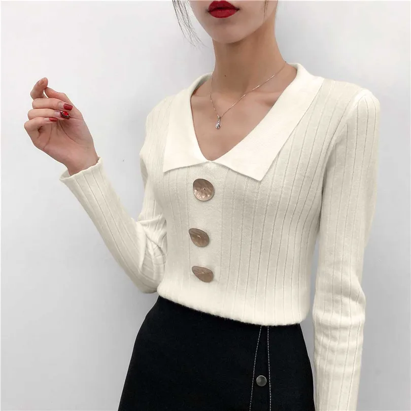 Fall Winter Women Knitting Full Sleeve Buttons Sweaters Pullovers Girls Knitted Tops Knitwear Clothing Woman