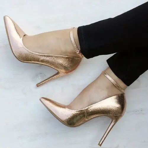 New Arrival Chic Style Champagne Gold Pointed Toe Pumps Ankle Buckle Strap Crack Leather Sexy Banquet Shoes Nightclub Footwear