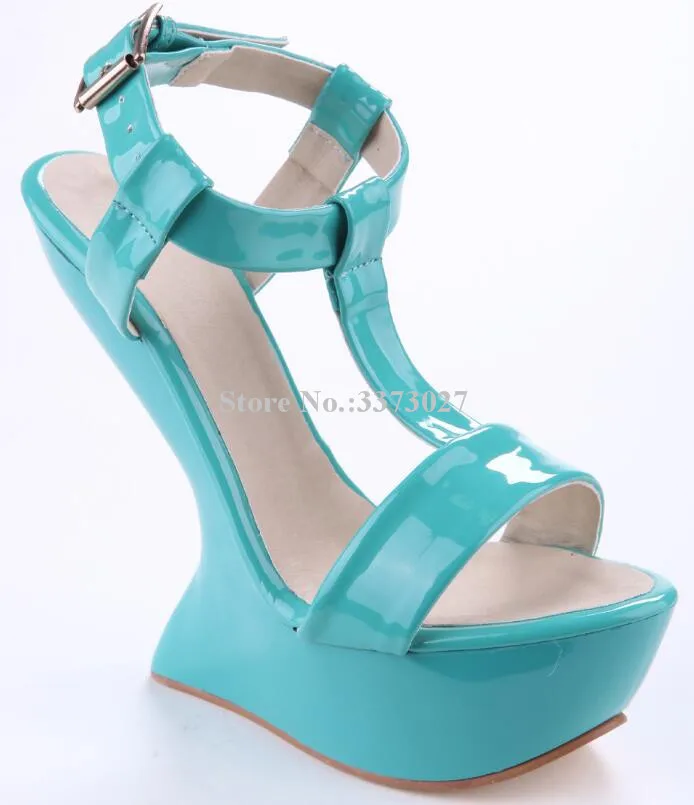 New Patent Leather Candy Color Strange Style Heels Wedge Sandals Woman Super Heels Platform Sandals Fashion Party Shoes