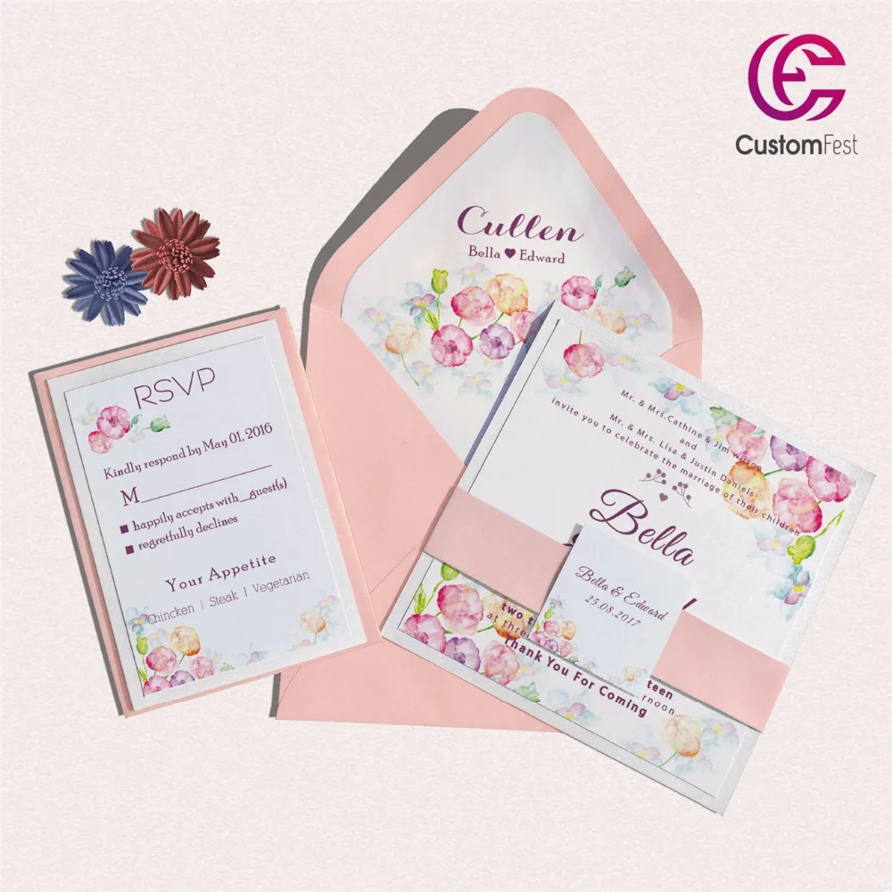 

30pcs/lot color floral design with personalized liner envelop pink and gold invitation and RSVP set L202S033