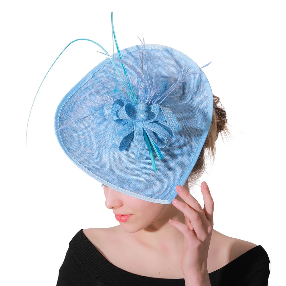 

Vintage Light Blue Fascinators Ladies Hats Weddings Church Fedora Imitation Linen Headwear With Veil Derby Women Hair Accessory