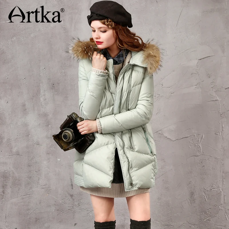 ARTKA Women Duck Down Coat Puffer Jacket 2018 Winter Parka With Fur Long Windbreaker Brand Raincoat Warm Outerwear Z910055D