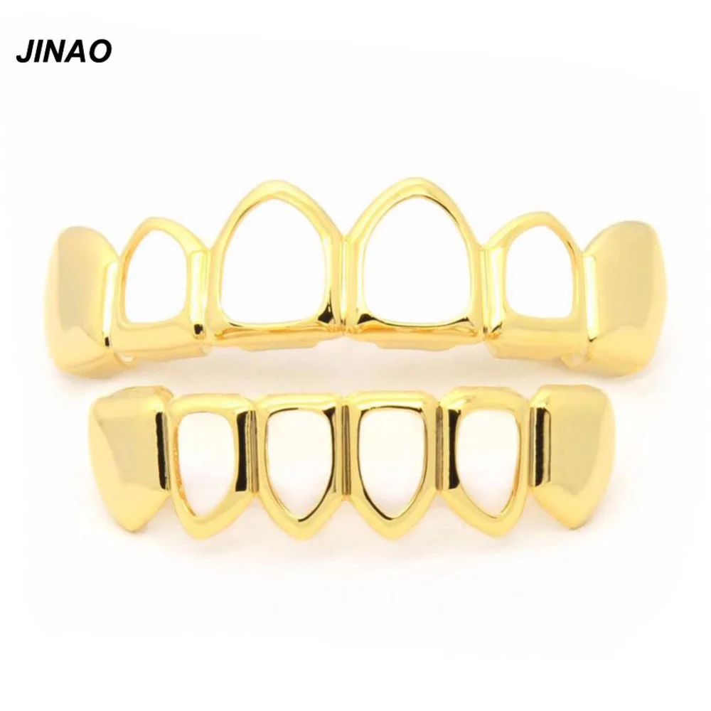 JINAO New Fit Pure Gold Color Plated Teeth Grills Four Hollow Open Face Mouth GRILLZ Caps Top&Bottom Grill Set Gift