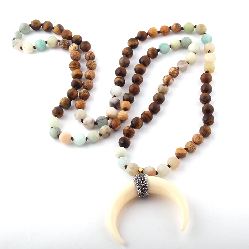 Fashion Bohemian Tribal Jewelry Multi Stone Knotted Ox Horn Moon Pendant Necklace For Women